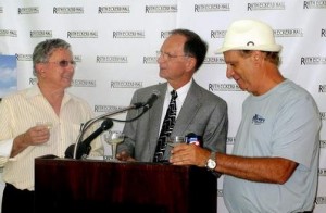 Zev Buffman of Ruth Eckerd Hall and Clearwater Mayor George Cretekos toast Michael Preston, commonly known as Frenchy, during last week's announcement of Preston's $350,000 gift to the Capitol Theatre